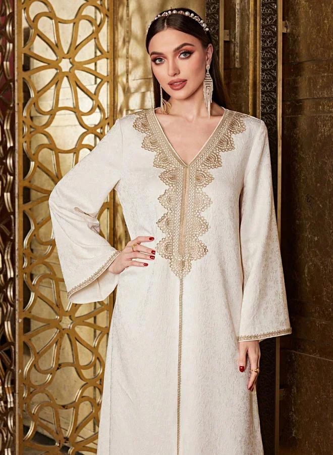 Take Two beige Beige V Neck Embroidered Panel Jalabiya for Women | Best Price UAE